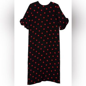 Ganni Black Red Polka Dot Ruffle Sleeve Shift Dress Midi Side Slit  Size XS